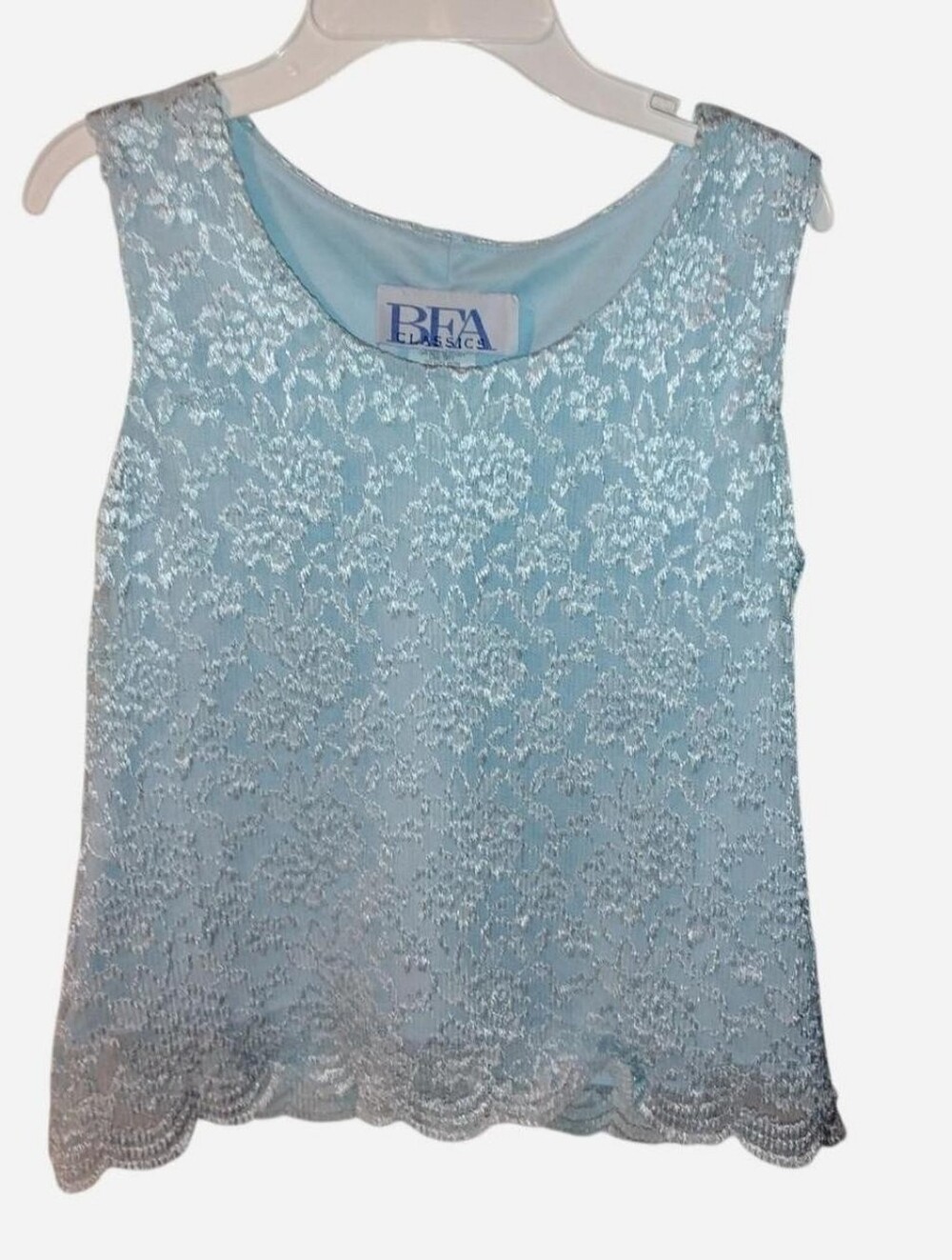 Vintage BFA Classics Pastel Blue Lace Sleeveless Top Scalloped Hem Size 10P